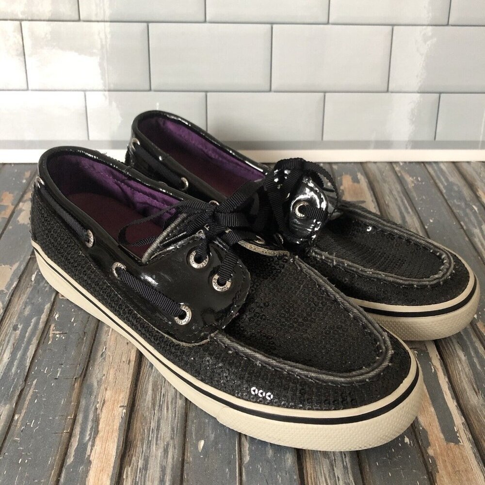 Sperry Topsider Women's Black Sequined Deck Boat Shoes Lace Up sz 5M
